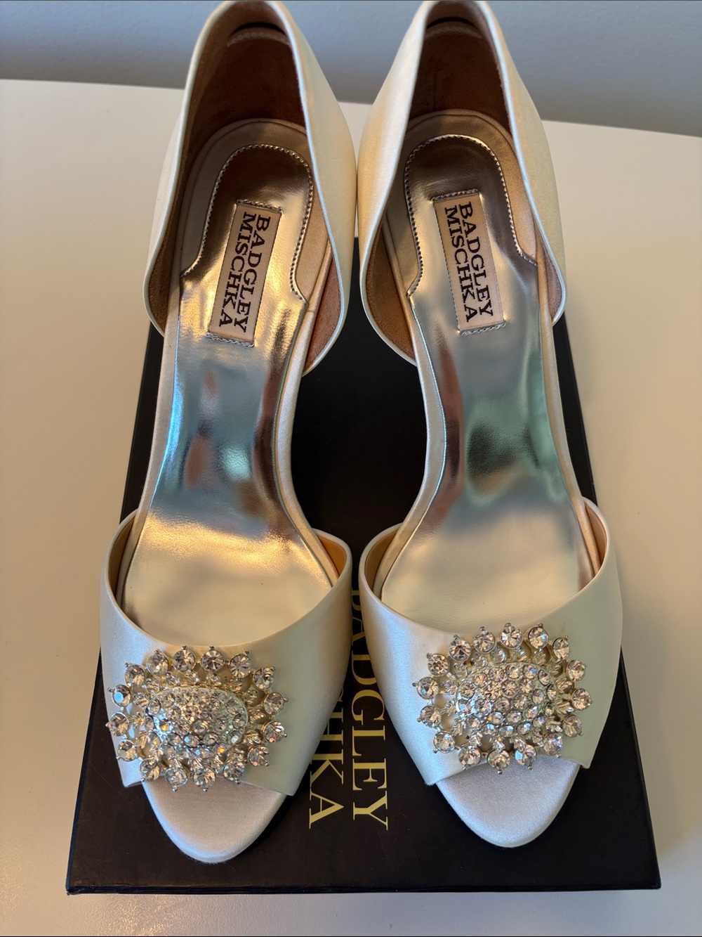 Badgley Mischka “Lacie” Satin Peep-Toe Heels with Crystal Brooch, Size 10